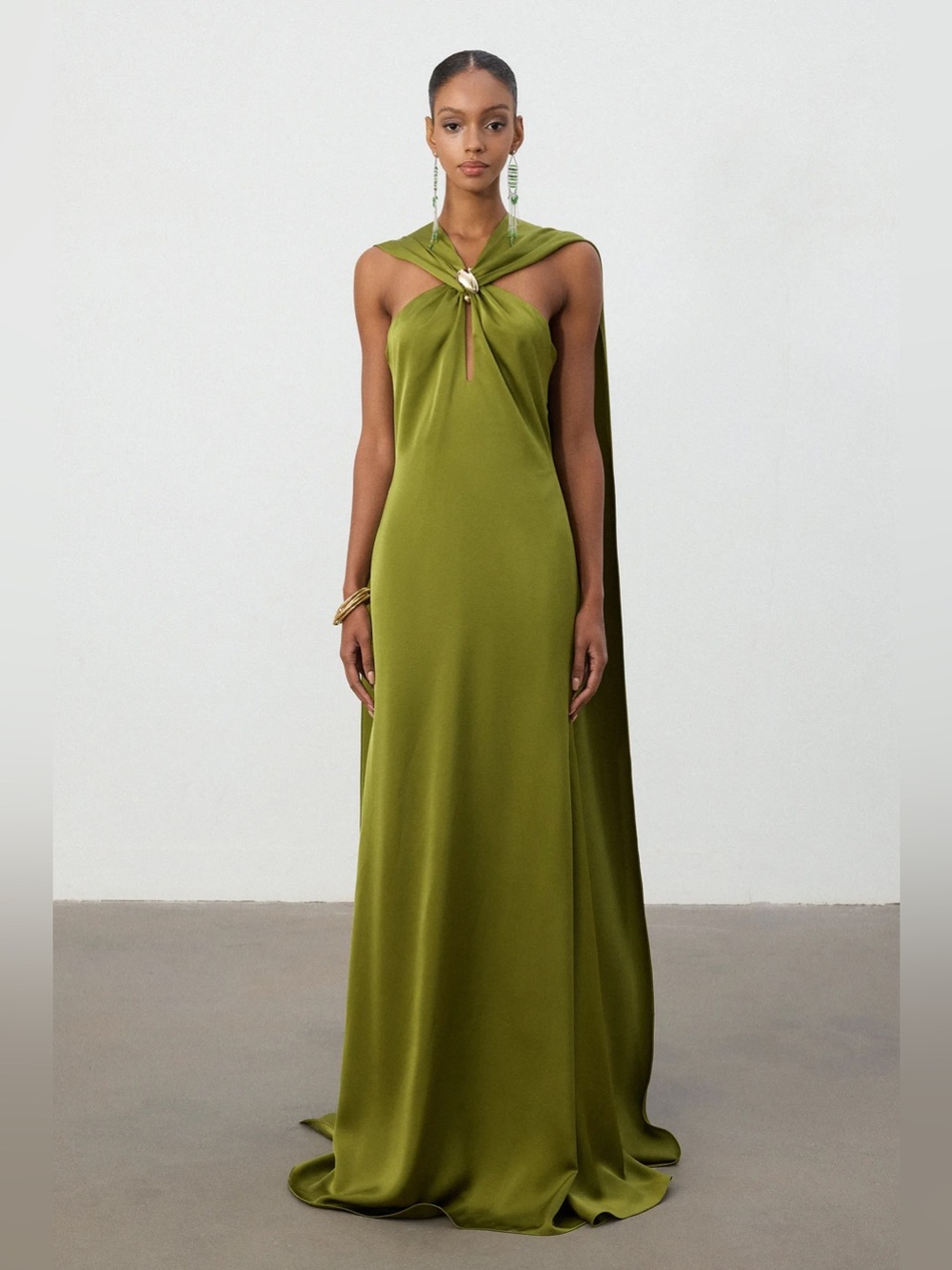 Olive Green Satin Cape Column Gown